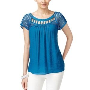 NY Collection Crepe Lattice Neck-Line Casual Top